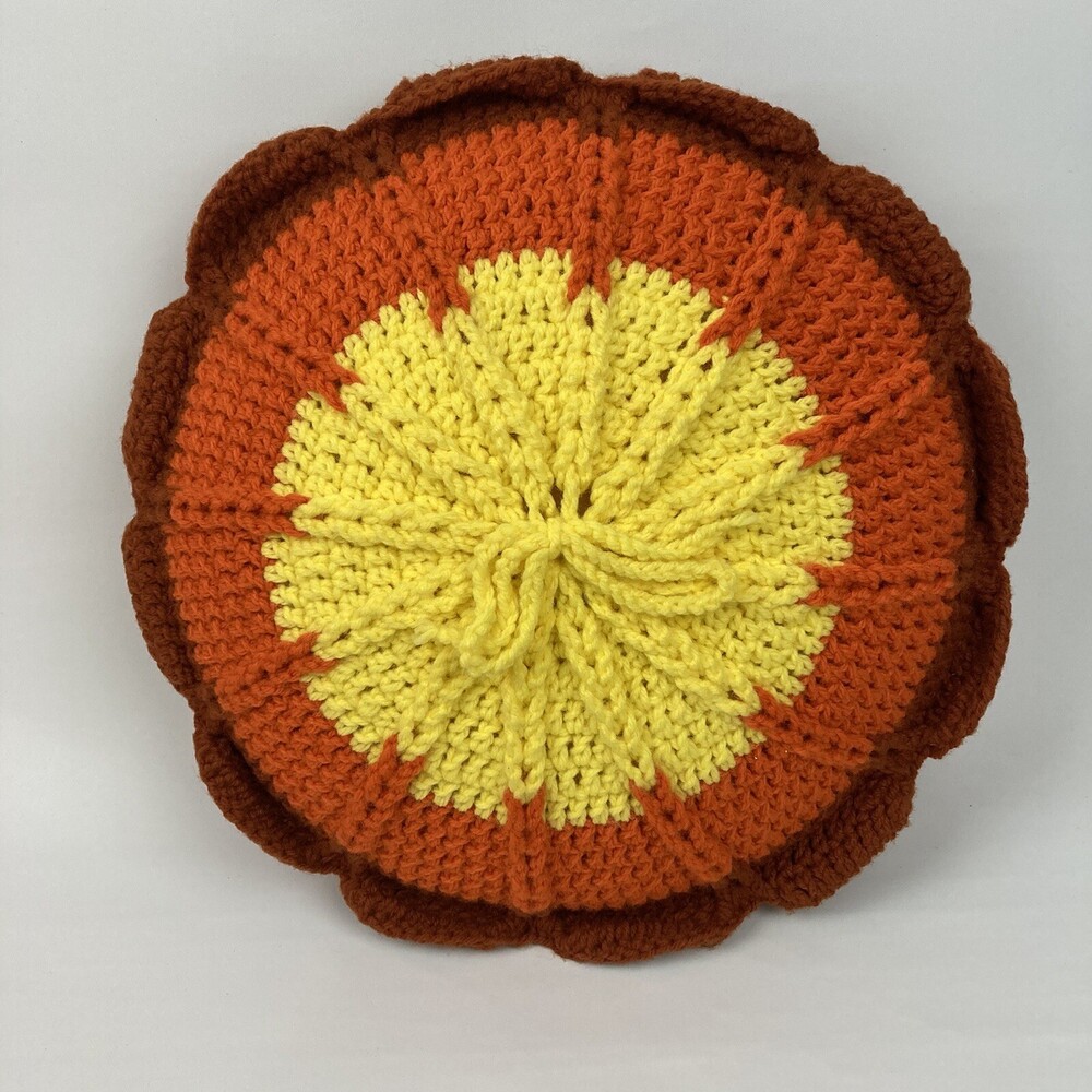 13" VTG Crochet Throw Pillow Orange Yellow 70s Retro Handmade Afghan Mid Century